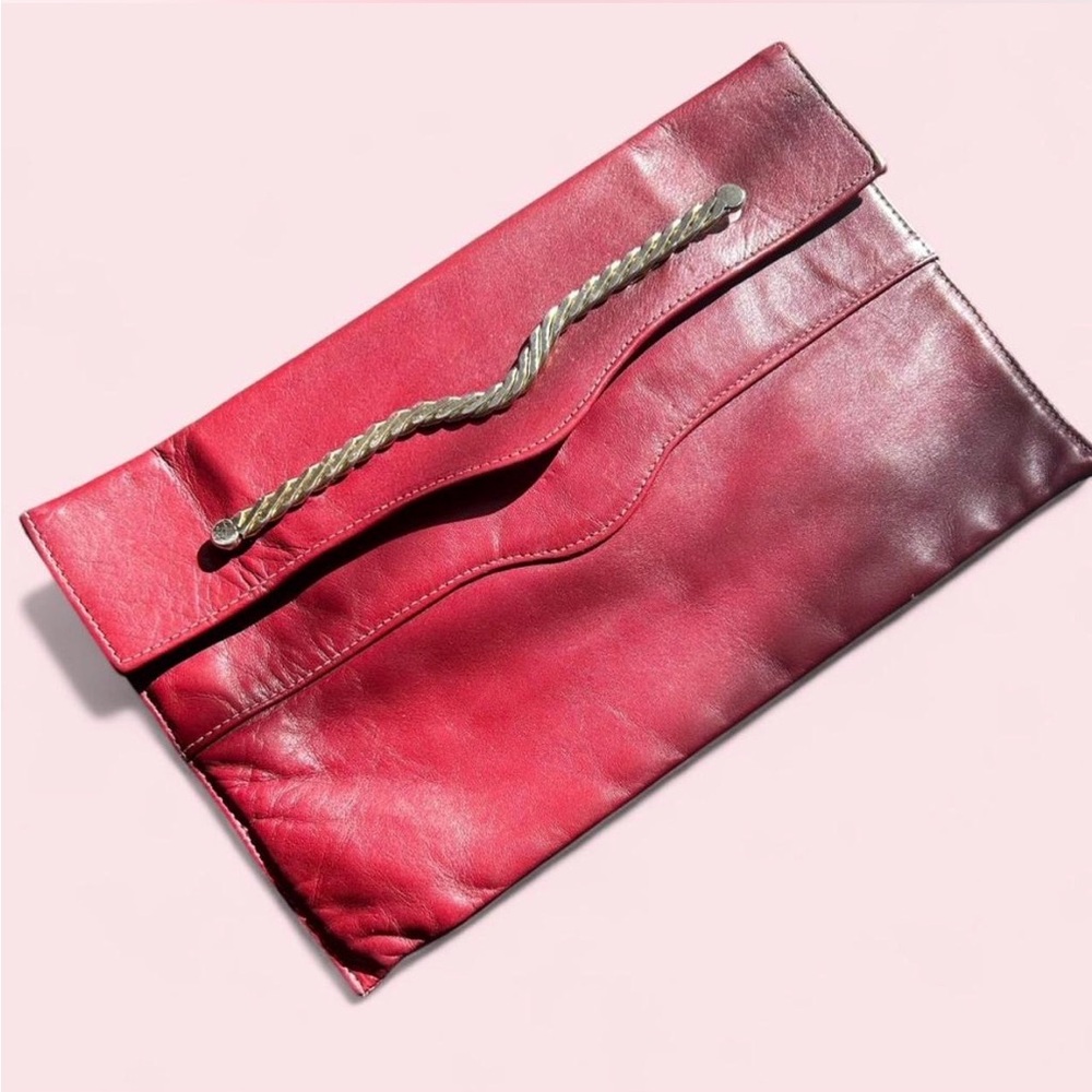 American Vintage Red Leather Clutch with Braided Metal Handle